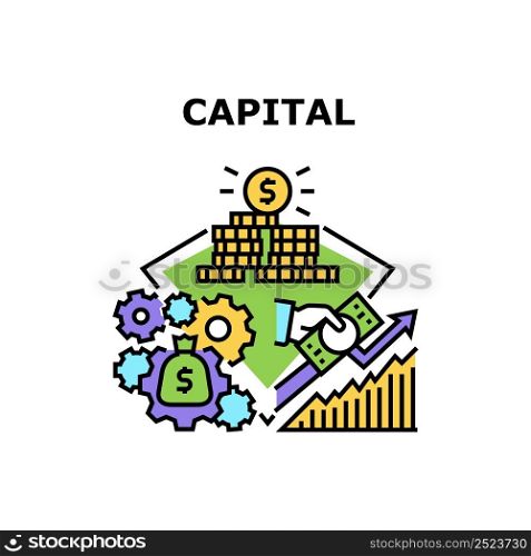 Capital Money Vector Icon Concept. Capital Money Earning And Investment, Working Finance For Passive Income And Growing Fund. Coin And Dollar Banknote Counting And Managing Color Illustration. Capital Money Vector Concept Color Illustration