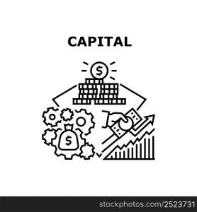 Capital Money Vector Icon Concept. Capital Money Earning And Investment, Working Finance For Passive Income And Growing Fund. Coin And Dollar Banknote Counting And Managing Black Illustration. Capital Money Vector Concept Black Illustration