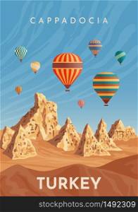 Cappadocia hot air balloon flight. Travel to Turkey. Retro poster, vintage banner. Hand drawing flat vector illustration.