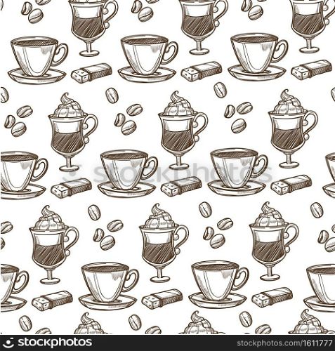 Cappuccino and coffee hot beverages served in cups and glasses seamless pattern. Sweet drinks in restaurants or cafe. Beans and whipped cream. Monochrome sketch outline, vector in flat style. Coffee poured in cup, cappuccino and beans seamless pattern