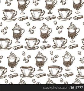 Cappuccino and coffee hot beverages served in cups and glasses seamless pattern. Sweet drinks in restaurants or cafe. Beans and whipped cream. Monochrome sketch outline, vector in flat style. Coffee poured in cup, cappuccino and beans seamless pattern