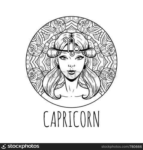 Capricorn zodiac sign artwork, adult coloring book page, beautiful horoscope symbol girl, vector illustration