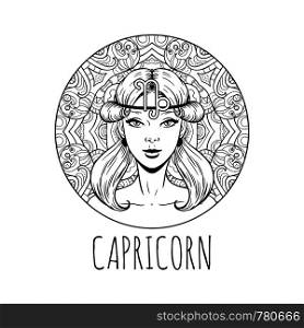 Capricorn zodiac sign artwork, adult coloring book page, beautiful horoscope symbol girl, vector illustration
