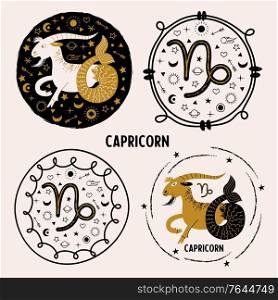 Capricorn. Zodiac sign. Capricorn on a black background among Golden stars, planets and comets. Horoscope and astrology. Constellation of Capricorn. Set of round vector emblem.. Capricorn is a sign of the zodiac. Horoscope and astrology. Vector illustration in a flat style.