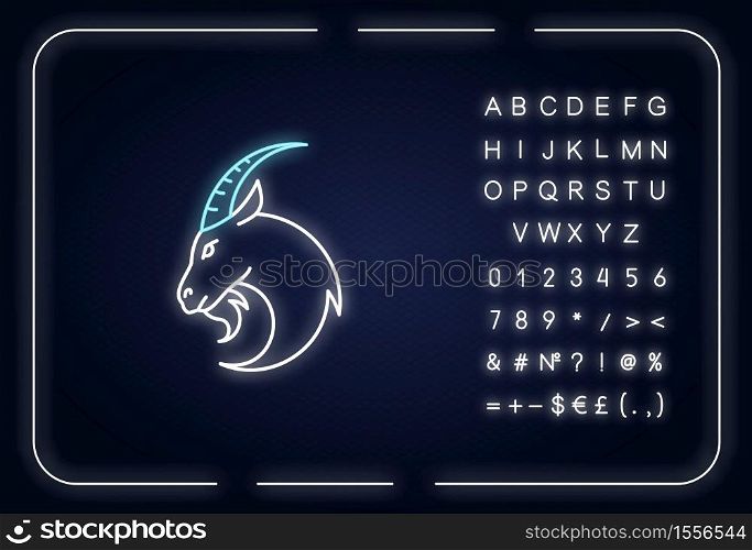 Capricorn zodiac sign neon light icon. Outer glowing effect. Astrology, horoscope goat sign with alphabet, numbers and symbols. Herbivore farm animal with horns vector isolated RGB color illustration. Capricorn zodiac sign neon light icon