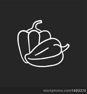 Capsicums chalk white icon on black background. Bulgarian pepper to cook healthy food. Raw fresh vegetable to prepare recipe. Paprika from farmer market. Isolated vector chalkboard illustration. Capsicums chalk white icon on black background