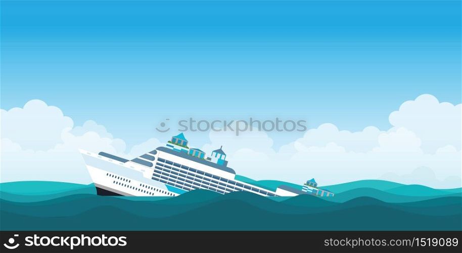 Capsized cruise ship.The ship went under water half swimming on the blue sky background, Vector Illustration.