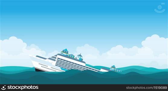 Capsized cruise ship.The ship went under water half swimming on the blue sky background, Vector Illustration.