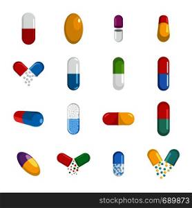 Capsule pill medicine icons set. Flat illustration of 16 capsule pill medicine vector icons for web. Capsule pill medicine icons set, flat style