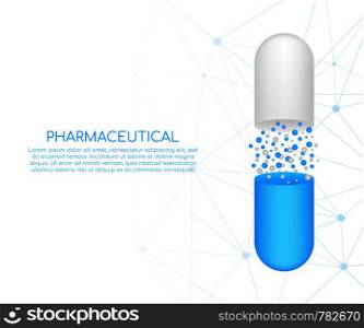 Capsule pill. Small balls pouring from an open medical capsule. Vector stock illustration.