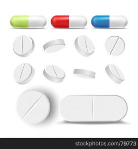 Capsule Pills And Drugs Set Vector. Pharmaceutical Drugs And Vitamin. Isolated On White Illustration. Realistic Pills And Drugs Set Vector. Painkiller, Pharmaceutical Antibiotics. Isolated Illustration