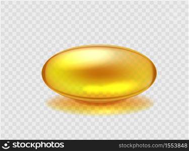 Capsule with golden omega acid oil. Organic health for blood vessels and liver cosmetic for skin and hair health yellow transparent pharmaceutical agent with vector fatty acid oil.. Capsule with golden omega acid oil. Organic health for blood vessels and liver cosmetic for skin and hair.