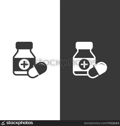 Capsules bottle icon on black and white background. Flat vector pharmacy illustration