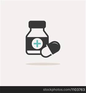 Capsules bottle. Icon with shadow on a beige background. Pharmacy flat vector illustration