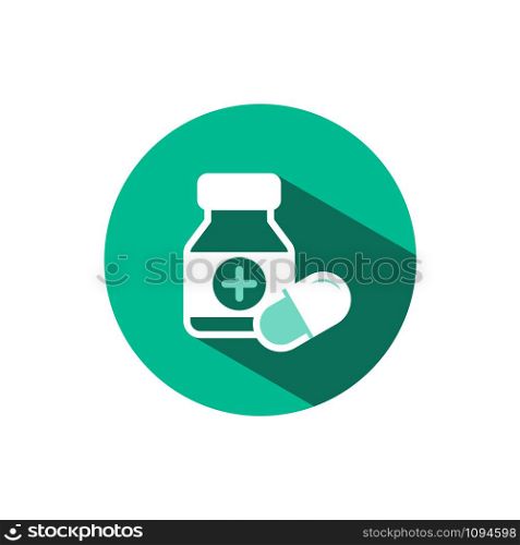 Capsules bottle icon with shadow on a green circle. Flat color vector pharmacy illustration