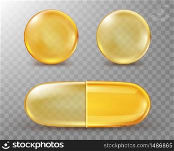 Capsules with oil, gold round and oval pills isolated on transparent background. Cosmetics, vitamin, omega 3 golden bubbles, antibiotic gel, serum droplets or collagen essence, realistic 3d vector set. Capsules with oil, gold round and oval pills.