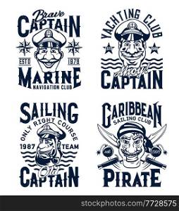 Captain and pirate t-shirt print template. Smiling captain or sailor character in fourage with anchor, pirate face with crossed sabres vector. Yachting and marine sailing club emblem, apparel print. Yachting and marine sailing club t-shirt template