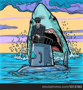 Captain of the submarine. Shark attack. Pop art retro vector illustration drawing. Captain of the submarine. Shark attack