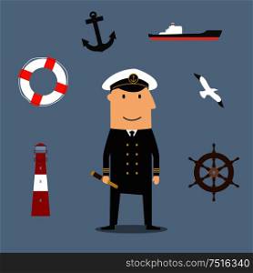 Captain profession icons with sailor in white uniform and peaked cap, surrounded by helm and cargo ship, anchor and lifebuoy, bell and lighthouse. Captain profession and nautical icons