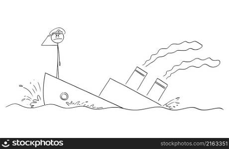 Captain saluting on sinking boat or ship, vector cartoon stick figure or character illustration.. Captain of the Sinking Ship or Boat Saluting, Vector Cartoon Stick Figure Illustration