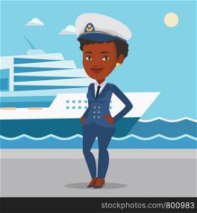 Captain standing on the background of sea and cruise ship. African ship captain in uniform on seacoast background. Ship captain standing at the port. Vector flat design illustration. Square layout.. Smiling ship captain in uniform at the port.
