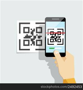 Capture QR code on mobile phone. Digital technology, information barcode, symbol electronic scan. Vector illustration. Capture QR code on mobile phone