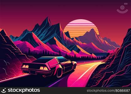 Car 80s style. Retro mountains sky style. Vector illustration desing.