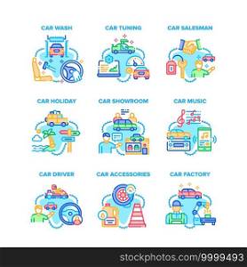 Car Accessories Set Icons Vector Illustrations. Car Tuning And Factory, Salesman In Showroom And Holiday Travel, Wash And Repair Station, Music Media And Driver Color Illustrations. Car Accessories Set Icons Vector Illustrations