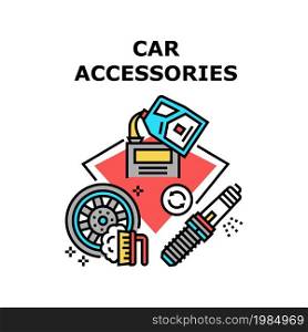 Car Accessories Vector Icon Concept. Engine Candle Detail, Oil Canister Package And Washing Liquid For Wash And Clean Automobile Tire And Disc, Car Accessories For Transport Care Color Illustration. Car Accessories Vector Concept Color Illustration