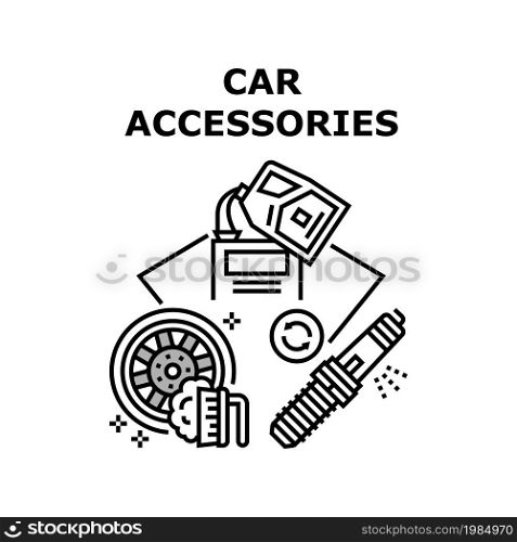 Car Accessories Vector Icon Concept. Engine Candle Detail, Oil Canister Package And Washing Liquid For Wash And Clean Automobile Tire And Disc, Car Accessories For Transport Care Black Illustration. Car Accessories Vector Concept Black Illustration