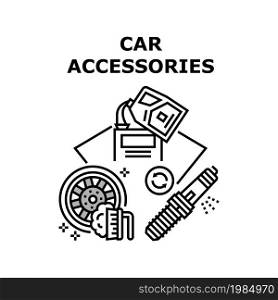 Car Accessories Vector Icon Concept. Engine Candle Detail, Oil Canister Package And Washing Liquid For Wash And Clean Automobile Tire And Disc, Car Accessories For Transport Care Black Illustration. Car Accessories Vector Concept Black Illustration