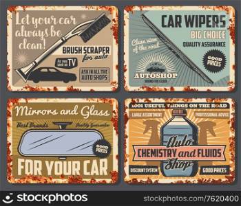 Car accessories, vehicle spare parts and auto fluids shop rusty vintage posters. Vector windshield winter scraper, wiper blade and rear-view mirror, engine coolant and chemistry liquids on rust plates. Car auto parts, automobile accessories shop