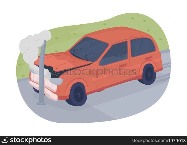 Car accident 2D vector isolated illustration. Damaged automobile object on cartoon background. Auto crash. Life-threatening situation. Car frontal collision against pole colourful scene. Car accident 2D vector isolated illustration