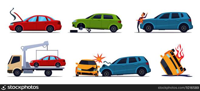 Car accident. Damaged transport on the road repair service insurances vehicle vector illustrations in cartoon style. Accident crash car, emergency broken and insurance auto. Car accident. Damaged transport on the road repair service insurances vehicle vector illustrations in cartoon style