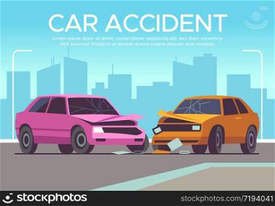 Car accident. Traffic collision on crossroads, drivers waiting police, damaged vehicle. Crash, insurance claim auto damage vector driving concept. Car accident. Traffic collision on crossroads, drivers waiting police, damaged vehicle. Crash, insurance claim auto damage vector concept