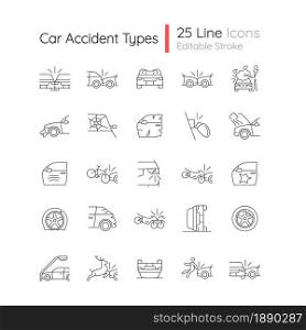 Car accident types linear icons set. Road traffic crashes. Distracted driving. Risk for serious injury. Customizable thin line contour symbols. Isolated vector outline illustrations. Editable stroke. Car accident types linear icons set