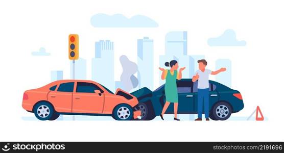 Car accident. Vehicles crash. Drivers argue at stoplight. People near broken automobiles. Traffic rules violation. Transport collision illustration. Wrecked autos and persons quarrel. Vector concept. Car accident. Vehicles crash. Drivers argue at stoplight. Broken automobiles. Traffic rules violation. Transport collision illustration. Wrecked autos and persons quarrel. Vector concept