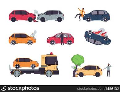 Car accidents. Insurance cases, vehicle collision and car crash, theft protection, cartoon damaged auto and car insurance risks. Vector set illustrations broken vehicle. Car accidents. Insurance cases, vehicle collision and car crash, theft protection, cartoon damaged auto and car insurance risks. Vector set