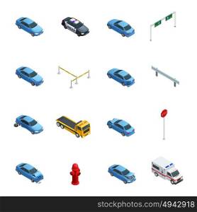 Car Accidents Isometric Icons Set. Colorful car accidents isometric icons set with evacuator police ambulance and road sign isolated on white background vector illustration
