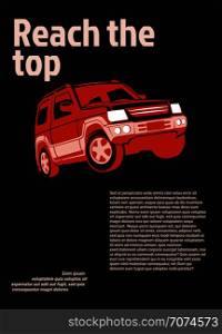 Car ad poster. Vector illustration. Red suv on black background with sample text. Car ad poster. Red suv on black background with sample text