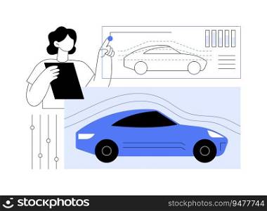 Car aerodynamics testing abstract concept vector illustration. Engineers deals with car wind-tunnel assessment, automotive sector, car manufacturing, vehicle aerodynamics abstract metaphor.. Car aerodynamics testing abstract concept vector illustration.