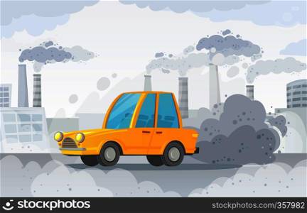Car air pollution. City road smog, factories smoke and industrial carbon dioxide clouds. Vehicle toxic pollution, polluted air or environment car waste hazard cartoon vector illustration. Car air pollution. City road smog, factories smoke and industrial carbon dioxide clouds vector illustration