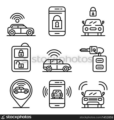 Car alarm system icons set. Outline set of car alarm system vector icons for web design isolated on white background. Car alarm system icons set, outline style