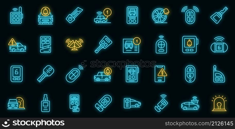 Car alarm system icons set outline vector. Key chain. Auto ignition. Car alarm system icons set vector neon