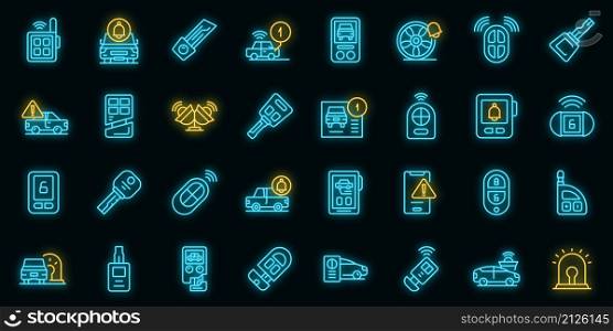 Car alarm system icons set outline vector. Key chain. Auto ignition. Car alarm system icons set vector neon