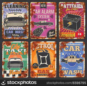 Car and auto service cards or retro posters with rust effect. Vector vintage rusty design for car wash or mechanic repair and petrol station, garage tire fitting, taxi and spare parts store. Car service and auto wash posters with rust