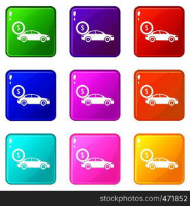 Car and dollar sign icons of 9 color set isolated vector illustration. Car and dollar sign icons 9 set