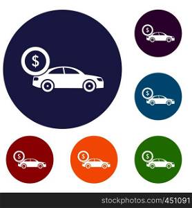 Car and dollar sign icons set in flat circle reb, blue and green color for web. Car and dollar sign icons set