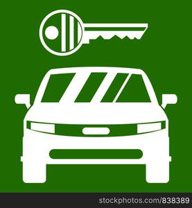 Car and key icon white isolated on green background. Vector illustration. Car and key icon green