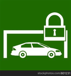 Car and padlock icon white isolated on green background. Vector illustration. Car and padlock icon green